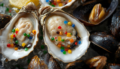 Fresh oysters and mussels containing microscopic colorful plastic particles, food safety issue, clean studio lighting, premium seafood photography, photorealistic