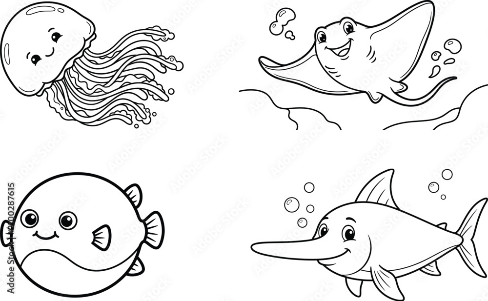 Fototapeta premium Cute Jellyfish, Stingray, Pufferfish, and Swordfish Coloring Page Collection Black and White Ocean Animal Line Art for Kids