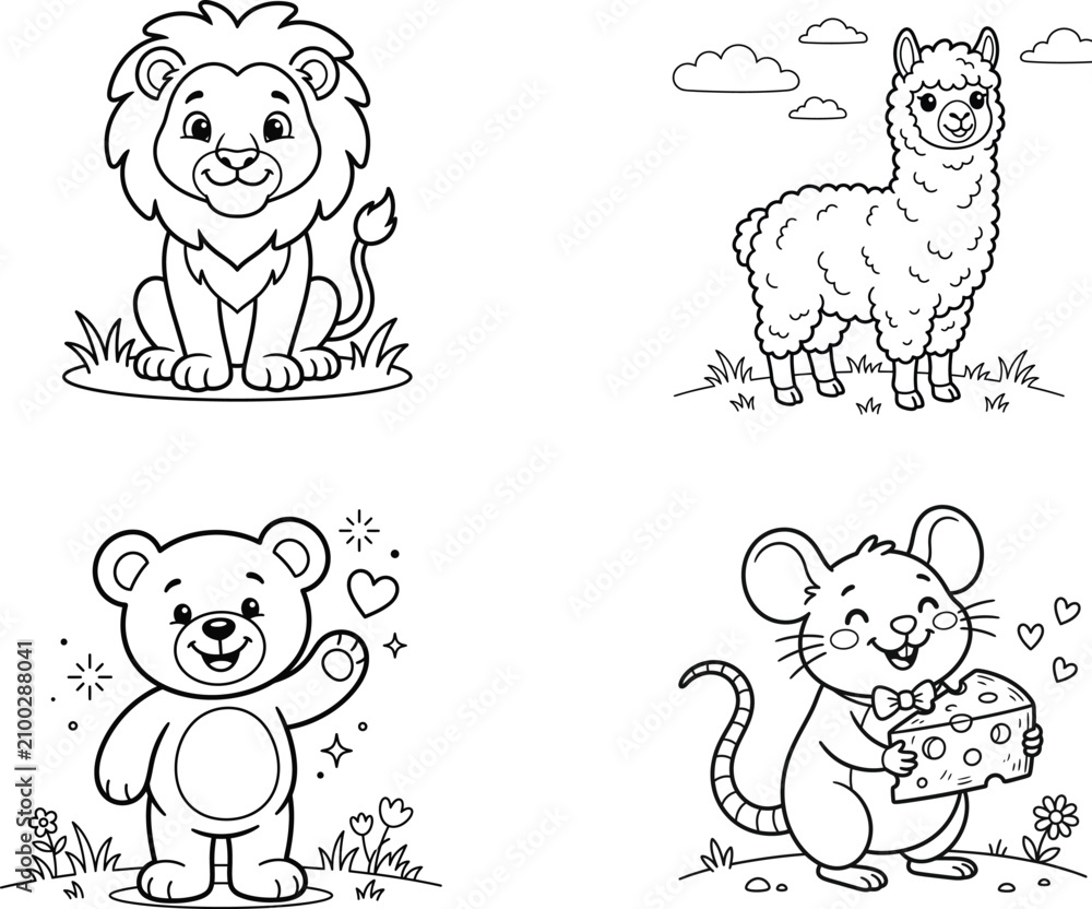 Obraz premium Cute Lion Alpaca Teddy Bear and Mouse Coloring Page Collection Black and White Animal Line Art for Kids