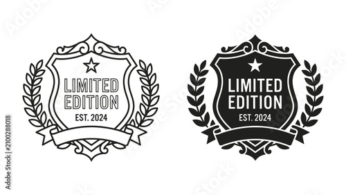 Bild auf Leinwand Limited Edition Emblem Duo: Two stylized crests, one outlined and one solid black, featuring a star, laurel wreath, and banner, proclaiming LIMITED EDITION EST