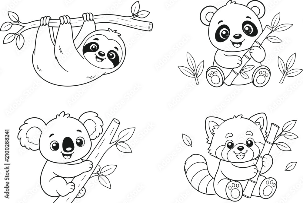 Fototapeta premium Cute Sloth Panda Koala and Red Panda Coloring Page Set Black and White Forest Animal Line Art for Kids Coloring Book