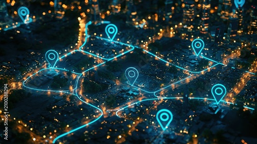 Abstract aerial visualization of a smart city with glowing GPS location markers and connected navigation routes. Concept of digital mapping, logistics, mobility, geolocation and smart transportation