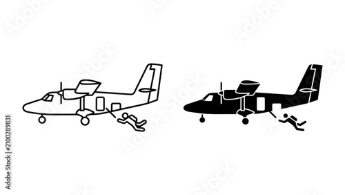 Tableau sur toile Skydivers Descending: Two skydivers leap from a twin-engine airplane, captured in a minimalist, graphic illustration style that emphasizes the thrill of freefall and aerial adventure