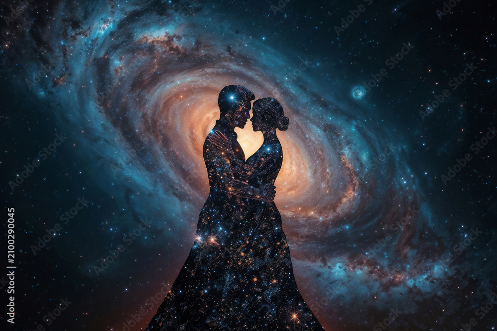 Naklejka premium An illustration of a couple embracing against a swirling galaxy. Figures glow with nebulae and stars in an infinite universe. Horoscope and horoscopes