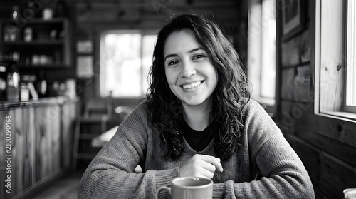 Smiling Young Woman in Cozy Cafe Black and White Portrait