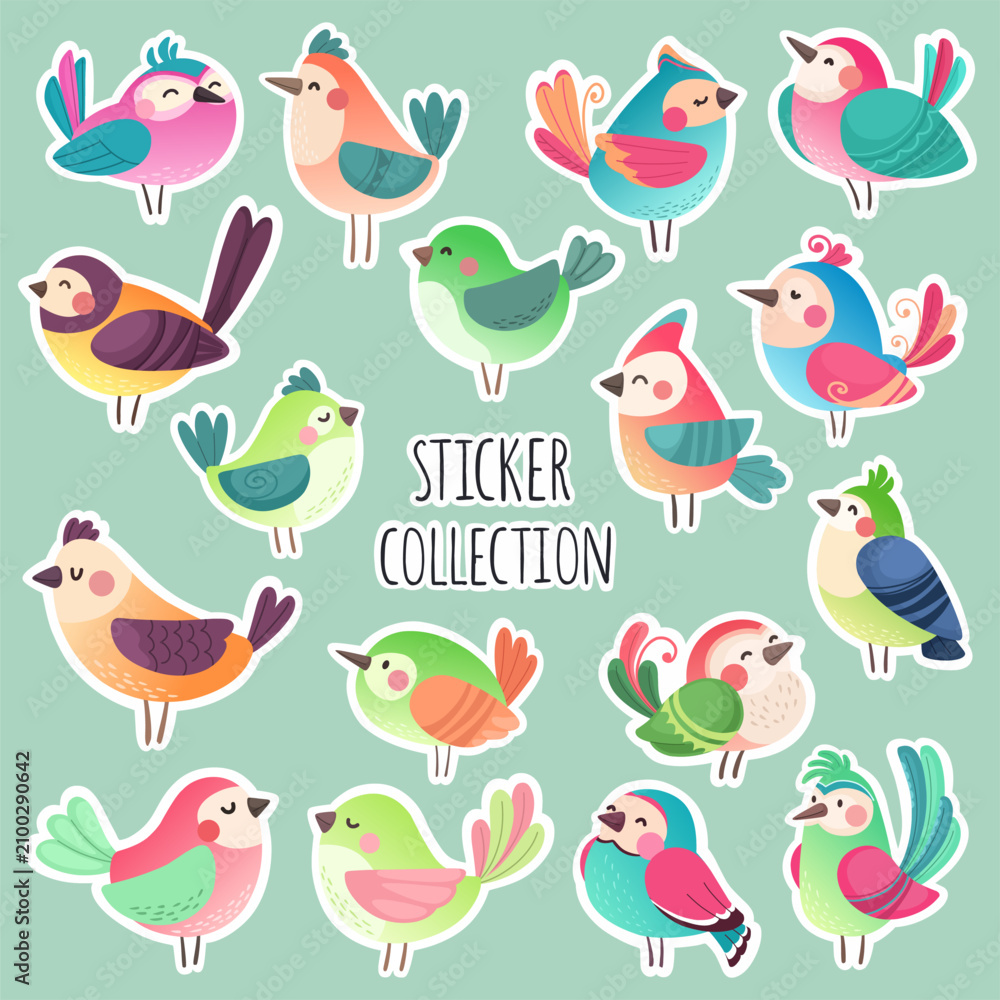 Fototapeta premium A collection of colorful cartoon bird stickers. 