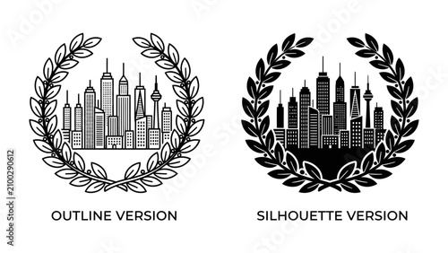 Foto Cityscape Emblem: A striking emblem featuring a modern cityscape encased within a laurel wreath, presented in both outline and silhouette versions