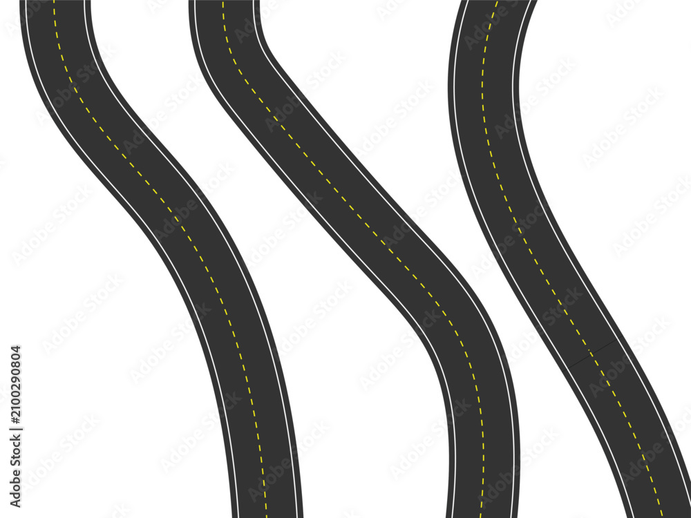 Fototapeta premium Set of Three Winding Vector Road Segments with Yellow and White Lines