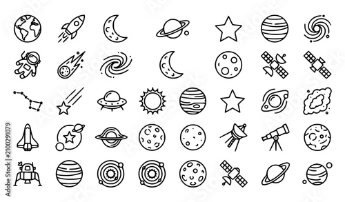 Foto Space exploration and celestial bodies line art icon set
