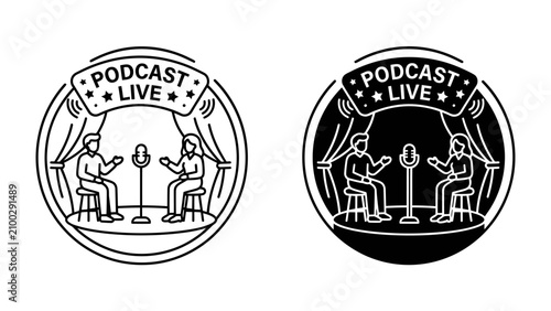 Fotografie Podcast Live Icon: A circular emblem depicts two figures seated opposite each other, engaging in a conversation at microphones, set against a backdrop of curtains and banners proclaiming Podcast Live