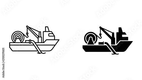 Fotografie Cable Laying Ship Icon: A minimalist illustration of a cable laying ship, shown in both outline and solid black versions, ready to deploy undersea cables