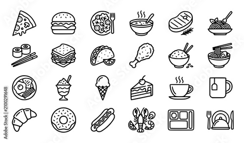 Foto Food icons set diverse cuisine line art for menu restaurant and food blog design