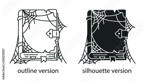 Photos Spooky Spellbook Duo: An ancient, tattered spellbook is entwined with a creepy spiderweb, presented in both an outline and a silhouette version, evoking a sense of mystery and magic