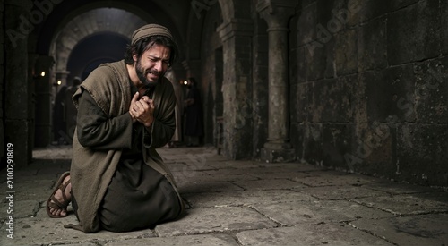 Humble man in ancient clothing kneeling on stone temple floor crying and praying for mercy. Biblical parable concept of repentance and forgiveness