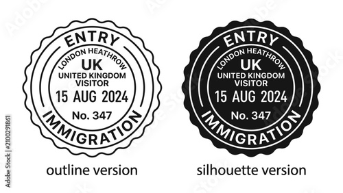 Принти на полотні UK Immigration Stamp: Two stylized representations of an official UK immigration entry stamp, one in outline and the other in silhouette