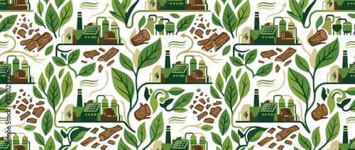 Cuadro en lienzo Sustainable Biomass Energy Production: Factory, Wood, Leaves, Industry Pattern