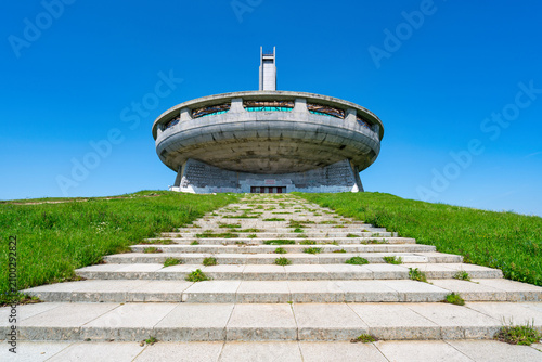 Buzludzha Monument in Bulgaria stands as a historic communist landmark with steps leading up to its entrance