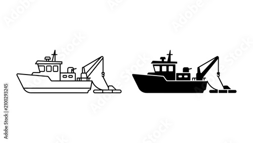 Cuadro en lienzo Fishing Trawler Icon: Two stylized depictions of a fishing trawler, one in outline and one in silhouette, showcasing the vessel and its net apparatus
