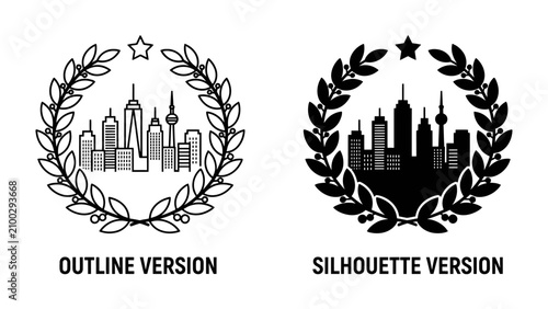 Quadro su tela Urban Laurel Wreath Designs: Two distinct graphic representations of a modern city skyline encased in a laurel wreath, one in an outline style and the other as a silhouette