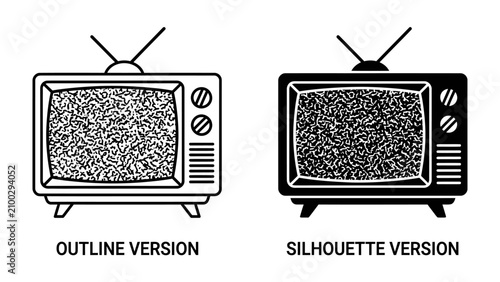 Schilderij op canvas Retro Television Set Static: Two vintage television sets, one in outline and one in silhouette, display static on their screens, evoking a sense of nostalgia and the bygone era of analog broadcasting