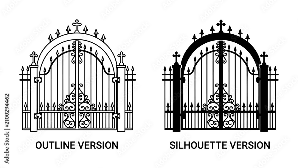 Obraz premium Ornate Gate Set: Two beautifully designed metal gates, one an outline and the other a silhouette, showcase intricate scrollwork and Gothic architectural elements.
