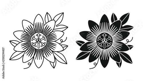 Bild auf Leinwand Passion Flower Line Art Duo: A graphic representation of a passion flower, presented in both outline and solid silhouette form, showcasing its intricate petals and delicate tendrils