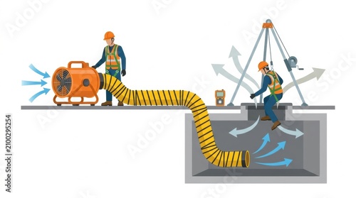 Workers prepare to enter a confined space using an air ventilation blower while following safety guidelines for manhole access at a work site