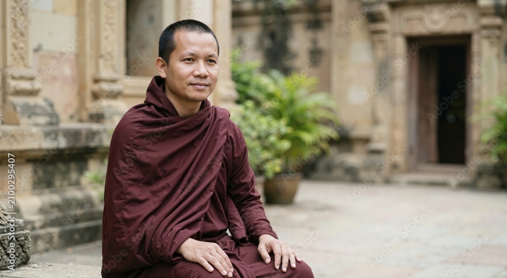 Obraz premium Buddhist monk in maroon robe sitting in temple courtyard. Traditional religious garment and spiritual lifestyle. Asian culture and heritage