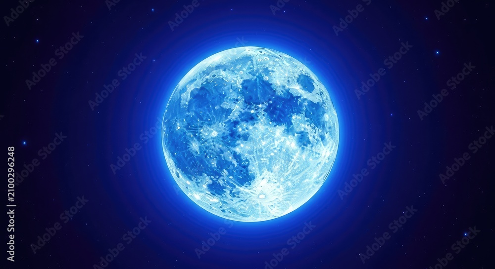 Fototapeta premium A majestic blue moon glows with intense luminosity against a deep indigo night sky, casting a surreal and ethereal light over the heavens, cosmic, background, satellite