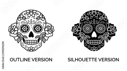 Fotografie Sugar Skull Art: Two intricately decorated sugar skulls, one an outline and the other a silhouette, adorned with floral patterns and roses, represent traditional Day of the Dead artistry