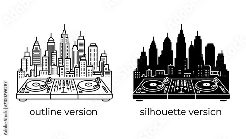 Konstfotografi Cityscape DJs: A graphic representation of a cityscape combined with DJ turntables, presented in both outline and silhouette versions, symbolizing urban nightlife and music culture