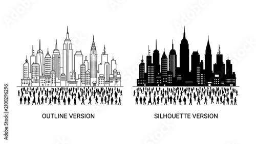 Cityscape Duo: A striking graphic illustration presents two contrasting cityscapes, one as a detailed outline and the other as a solid silhouette.