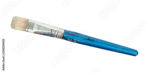 old blue used paint brush artist tool isolated on white or transparent png