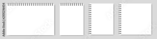 Mockup of a white notebook with spiral. A5, A4, and square format. Shiny metal binder clip. Mockup of a small book, diary, notepad. Copybook, white sheets of paper with black binder. Landscape