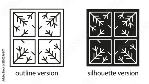 Bild auf Leinwand Two Seasons Represented: Outline and silhouette versions of a square graphic, each divided into four quadrants, depicting branches and leaves, symbolizing the transition between seasons
