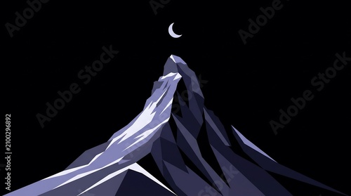 Low Poly Mountain Peak Under Crescent Moon At Night Flat Vector Landscape