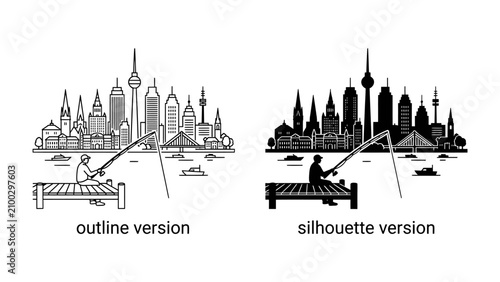 Foto Fishing in Bed with a City View: A whimsical illustration depicts a person fishing from a bed, with a city skyline in the background, blending surrealism with urban imagery