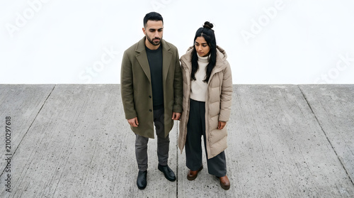 Minimalist Fashion Portrait of Young Couple in Elegant Winter Coats