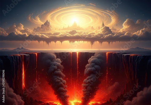 A vertical landscape featuring a bright celestial paradise with golden clouds above a dark cavernous abyss filled with red fire and smoke, hell, salvation, orange