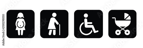 Lift Priority Sign. Elevator Priority Symbols for Elderly, Disabled Wheelchair, Pregnant Woman, Stroller, Walking Stick, and Queue Vector