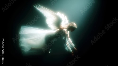 Fantasy, mysterious, wallpaper. A digital artwork depicts a serene angel in a dynamic pose. The angel is depicted in a side profile, with its wings spread wide, creating a sense of freedom and grace.