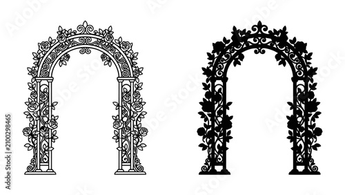 Obraz na plátne Ornate Rose Archway, a Classic Entrance: Two detailed, wrought-iron archways adorned with blooming roses, one in a classic black silhouette and the other in a decorative, carved style