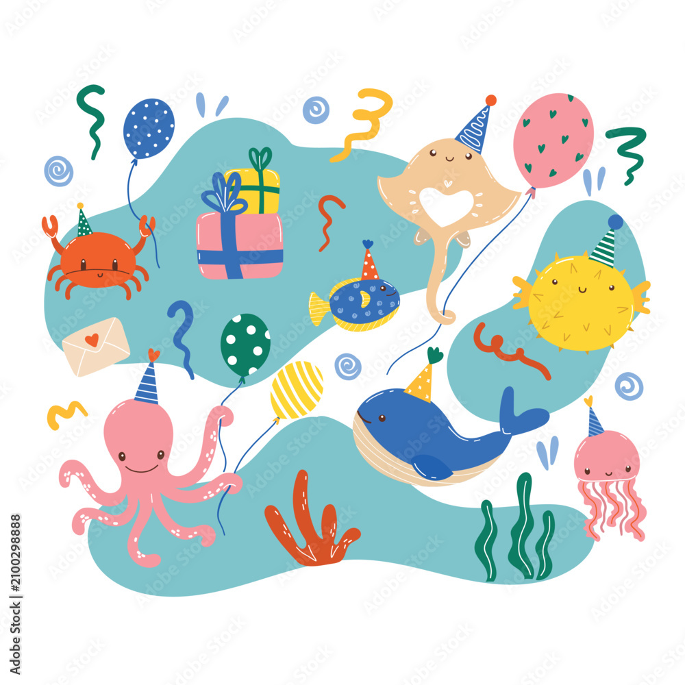 Obraz premium DescriptionCute sea animals with balloons, gift box and party hats in underwater cartoon vector style. Adorable marine elements collection for kids celebration, invitations and nursery design.