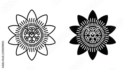 Bild auf Leinwand Passion Flower Icon Set: A striking pair of minimalist icons showcasing the intricate beauty of the passion flower in both outline and solid black silhouette, symbolizing nature's delicate artistry