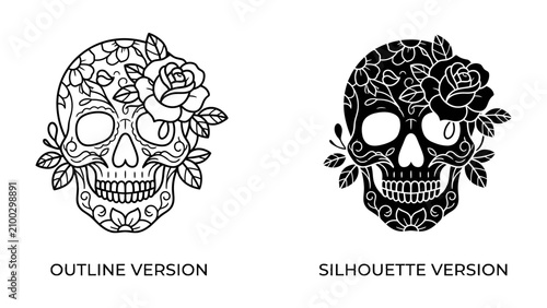 Fotografie Sugar Skull Art: Two intricately decorated sugar skull designs, one in outline and the other in silhouette, adorned with floral motifs and roses, representing tradition and artistry