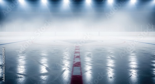 An empty professional hockey stadium filled with a layer of mysterious mist and fog, showing skate footprints on the smooth ice surface, lights, court, ethereal