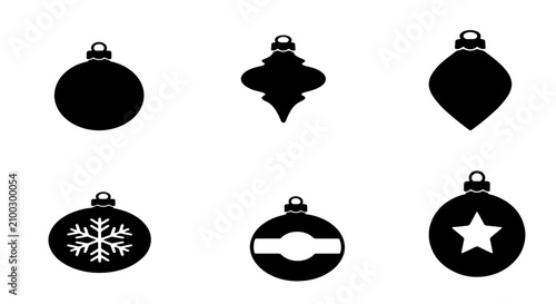 Foto 70 Six Black Christmas Ornaments Icons, Festive Holiday Decorations, Vector Set