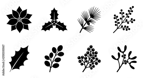 Canvastavla 70 Christmas Botanical Icons Set, Festive Winter Flora Silhouettes, Poinsettia,