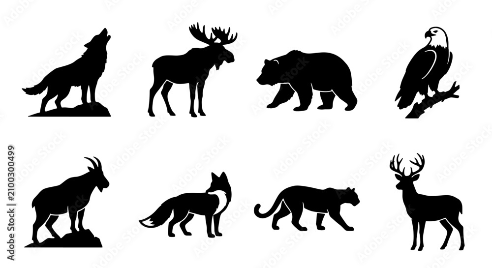Fototapeta premium 70 Wild Animal Silhouettes Collection: Majestic Moose, Howling Wolf, Powerful Bear, Soaring Eagle, Mountain Goat, Sly Fox, Panther, and Deer Vector Icons for Nature and Wildlife Designs 100