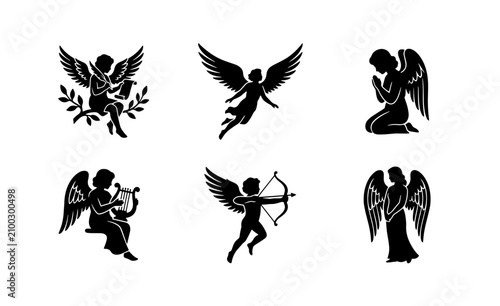 Fotografie 70 Cherub Angels Vector Icons Set, Romantic Cupid Figures, Divine Winged Beings,